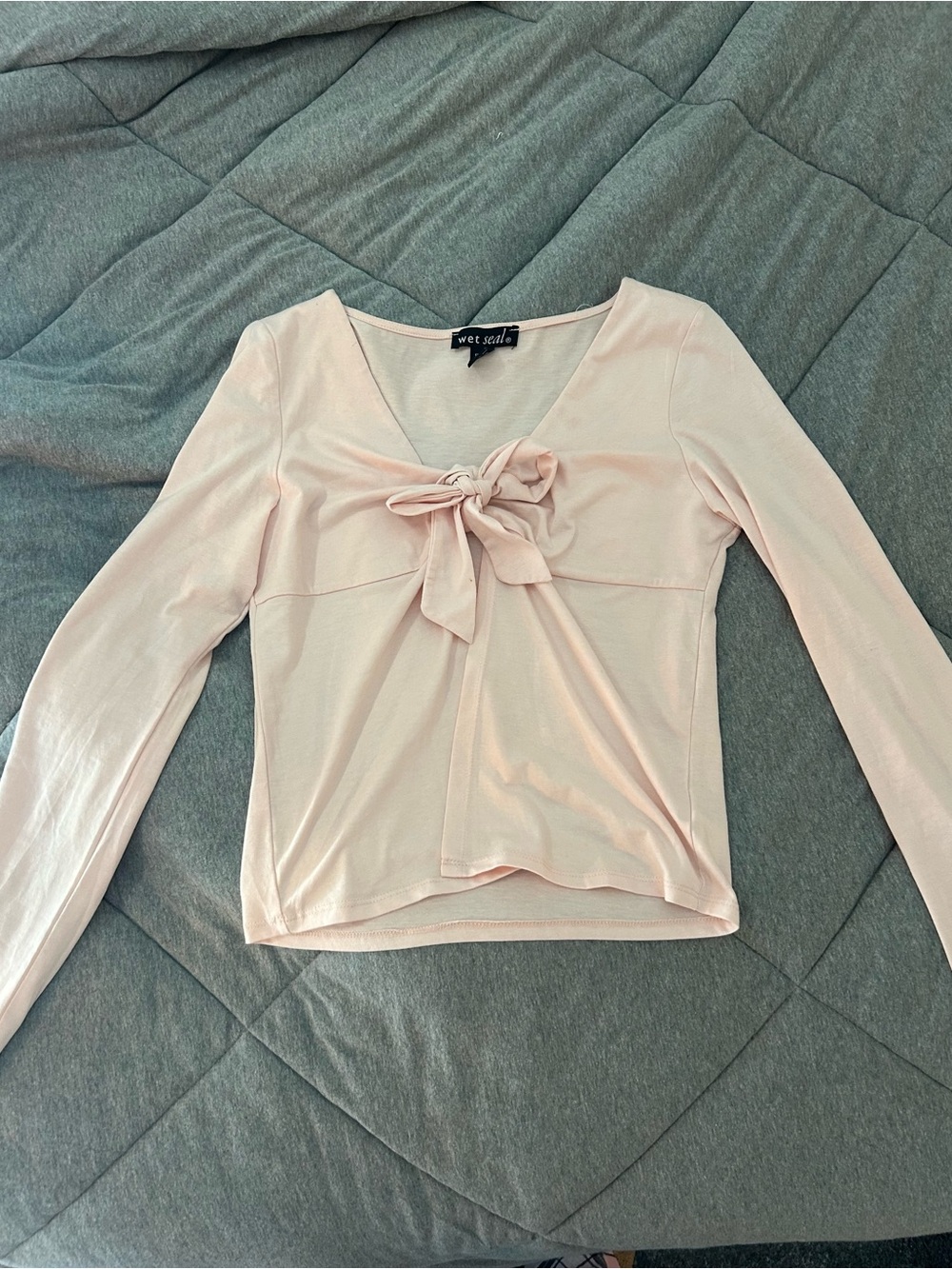 Pink Long Sleeve Tie-Front V-Neck Top